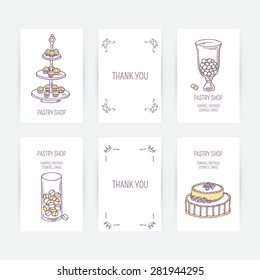 Business card set with candy bar icons in vector. Hand drawn illustration with dessert. Doodle design template for pastry shop or cafe