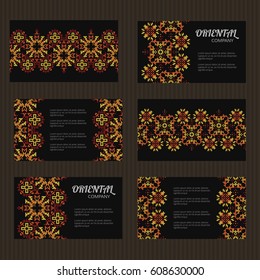 Business card set. Embroidery decorative elements. Ornamental cards with cross stitching patterns. Islamic, arabic, indian, turkish, pakistan, chinese, japanese, asian motifs. Vector illustration.