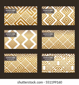 Business card set. Golden foil decorative elements. Greece cards with meander patterns. Greek, indonesian, asian motifs. Vector illustration.
