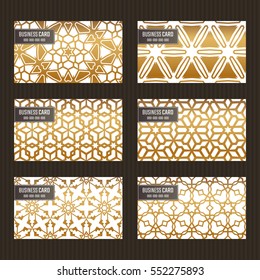 Business card set. Golden foil decorative elements. Eastern cards with ornamental patterns. Islamic, arabic, indian, turkish, pakistan, asian motifs. Vector illustration.