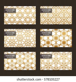 Business card set. Golden foil decorative elements. Ornamental floral cards with ornate patterns. Islamic, arabic, indian, turkish, pakistan, chinese, japanese, asian motifs. Vector illustration.