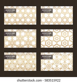 Business card set. Golden foil decorative elements. Geometric cards with hexagonal patterns. Islamic, arabic, indian, turkish, pakistan, chinese, japanese, asian motifs. Vector illustration.