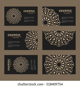 Business card set. Golden mandala decorative elements. Ornamental floral cards with oriental pattern. Islamic, arabic, indian, turkish, pakistan, chinese, japanese, asian motifs. Vector illustration.