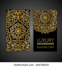 Business card set golden mandala decorative elements. Vintage decorative elements. Islam, Arabic, Indian, moroccan,spain, turkish, pakistan, motifs.