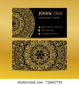 Business card set golden mandala decorative elements. Islam, Arabic, Indian, moroccan,spain, turkish, pakistan, motifs.
