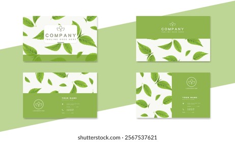 Business card set with green leaves. Design template for company organic bio logo, natural and eco products, cosmetic, pharmacy, medicine. Vector EPS10