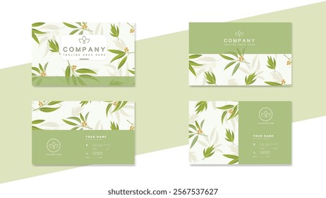 Business card set with green leaves. Design template for company organic bio logo, natural and eco products, cosmetic, pharmacy, medicine. Vector EPS10