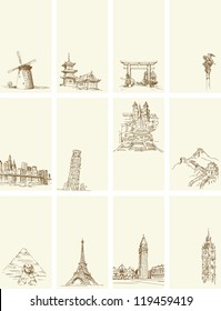 business card - set of hand drawn illustration -all over the world