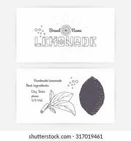 Business card set with hand drawn lemonade company branding template. Doodle lemon, leaves, icon, logo and hand lettering. Monochrome hipster style. Vector illustration