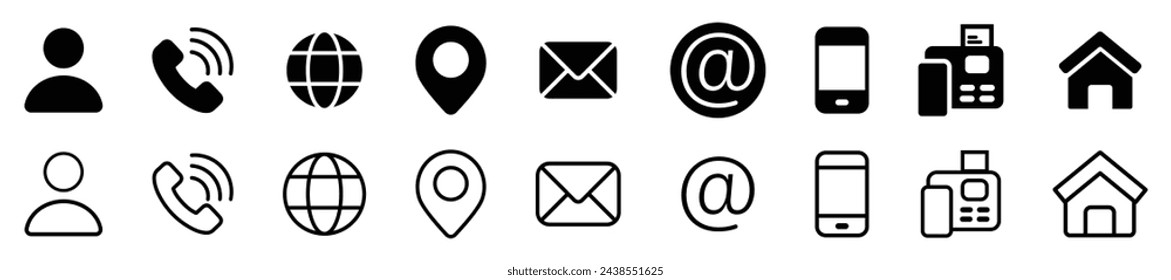 Business card set icon set in line style. Contact information, Home, Phone, Location, Address, Website, mail, fax, user simple black style symbol sign for apps and websites, vector illustration. eps 1