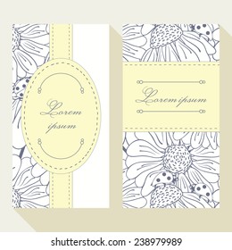 Business card set with outline ladybug and daisy. Event card template