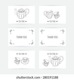 Business card set with tea service icons in vector. Hand drawn illustration. Doodle design template with place for text