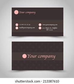 Business card set template. Brown chocolate color, pink print, contact icons. Vector illustration.