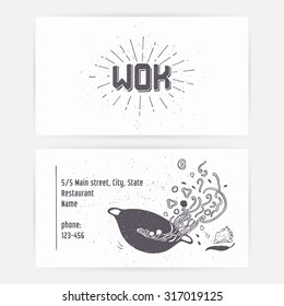 Business card set with wok noodles. Hand drawn logo template and sunburst. Monochrome hipster style lettering. Vector illustration