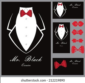 Business card set.Black tuxedo background with a red bow tie and copy space.Business card vertical,horizontal.Vintage, retro accessories.Flat vector