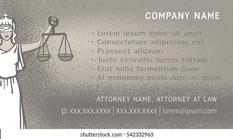 Business card showing illustration of Goddess of justice Themis with balance and sword. Eps-8 vector..