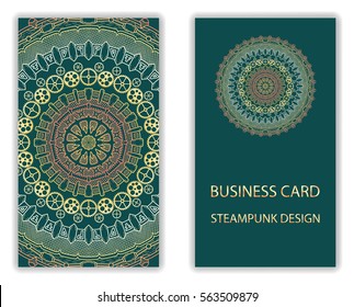 Business card with steampunk abstract design elements. Steam mechanic elements. Steampunk business card abstract design flyer. Vector illustration.