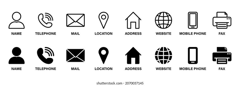 Business Card with Symbols of Social Communication. Email, Handset and Cell Phone, Address, Location, Globe, Fax Line and Silhouette Icons. Online Contact Concept. Isolated Vector Illustration.