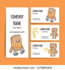 Business card with a teddy bear and bunny. Cartoon style. Vector illustration