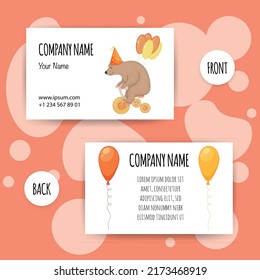 Business card with a teddy bear on a bicycle. Cartoon style. Vector illustration