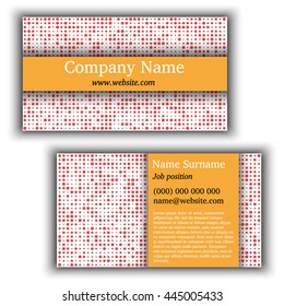 Business card template with abstract background. Irregular red dotes on white background.