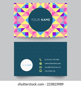 Business card template, abstract colorful geometric background. Vector illustration for modern design. With pattern is composition of triangle and square. Pink, yellow, blue and purple color.