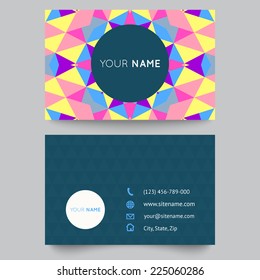 Business card template, abstract colorful geometric background. Vector illustration for modern design. With pattern is composition of triangle and square. Pink, yellow, blue and purple color.