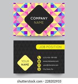 Business card template, abstract colorful geometric background. Vector illustration for modern design. With pattern is composition of triangle and square. Pink, yellow, blue and purple color.