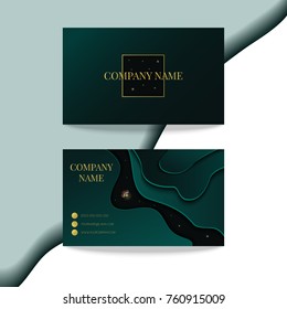 Business card template with abstract paper cut forms and glittering fireflies. 3D craft style. Vector graphic design for electric and environmental companies. Vector illustration. 