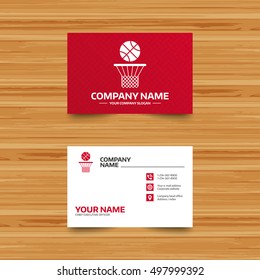 Business card template. Basketball basket and ball sign icon. Sport symbol. Phone, globe and pointer icons. Visiting card design. Vector