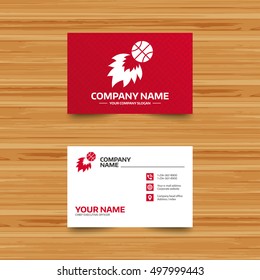 Business card template. Basketball fireball sign icon. Sport symbol. Phone, globe and pointer icons. Visiting card design. Vector