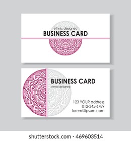 Business card template with beautiful mandala on white background. Indian ethnic motif. Two sides. Vector illustration.