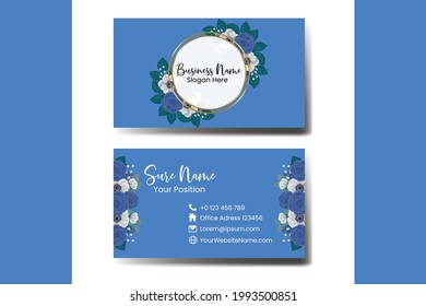 Business Card Template Blue Rose and Peony Flower .Double-sided Blue Colors. Flat Design Vector Illustration. Stationery Design