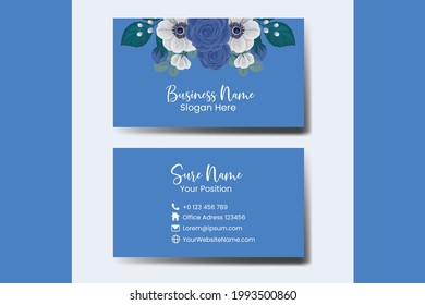 Business Card Template Blue Rose and Peony Flower .Double-sided Blue Colors. Flat Design Vector Illustration. Stationery Design