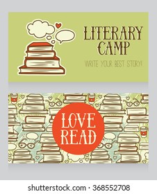 business card template for book camp, library promo banner, vector illustration