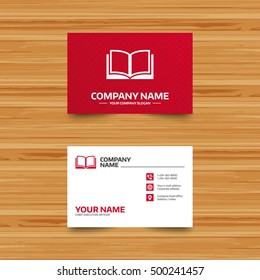 Business card template. Book sign icon. Open book symbol. Phone, globe and pointer icons. Visiting card design. Vector