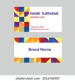 Business card template in a bright style with squares, circles, triangles in red, purple and blue