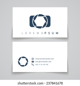 Business card template. Camera conceptual logo. Vector illustration