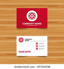 Business Card Template. Car Wheel Sign Icon. Circular Transport Component Symbol. Phone, Globe And Pointer Icons. Visiting Card Design. Vector