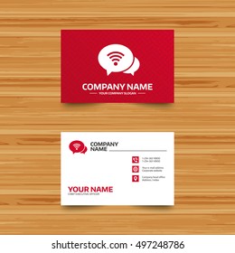 Business card template. Chat speech bubbles. Wifi sign. Wi-fi symbol. Wireless Network icon. Wifi zone. Phone, globe and pointer icons. Visiting card design. Vector