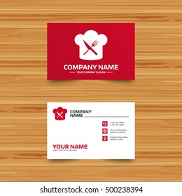 Business card template. Chef hat sign icon. Cooking symbol. Cooks hat with fork and knife. Phone, globe and pointer icons. Visiting card design. Vector