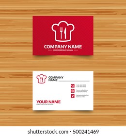 Business card template. Chef hat sign icon. Cooking symbol. Cooks hat with fork and knife. Phone, globe and pointer icons. Visiting card design. Vector