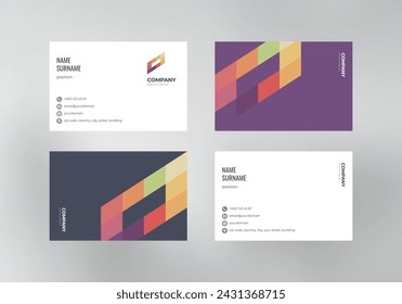 A business card template with a colored purple background in a minimalistic style, a multi-colored polygonal logo, a check mark arrow, icons for the address and phone