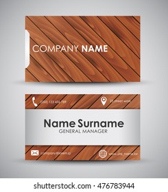 Business card template for the company or the individual. Design with wooden diagonal texture and metal dies. Vector illustration