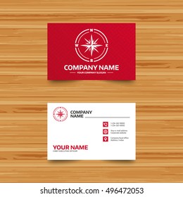 Business card template. Compass sign icon. Windrose navigation symbol. Phone, globe and pointer icons. Visiting card design. Vector