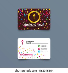 Business card template with confetti pieces. Torch flame sign icon. Fire flaming symbol. Phone, web and location icons. Visiting card  Vector