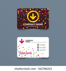 Business card template with confetti pieces. Download icon. Upload button. Load symbol. Phone, web and location icons. Visiting card  Vector