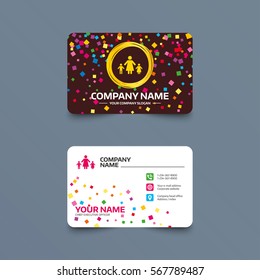 Business card template with confetti pieces. One-parent family with two children sign icon. Mother with son and daughter symbol. Phone, web and location icons. Visiting card  Vector