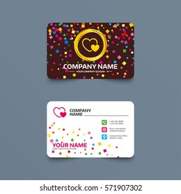 Business card template with confetti pieces. Hearts sign icon. Love symbol. Phone, web and location icons. Visiting card  Vector