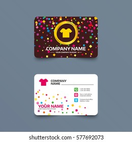 Business card template with confetti pieces. T-shirt sign icon. Clothes symbol. Phone, web and location icons. Visiting card  Vector